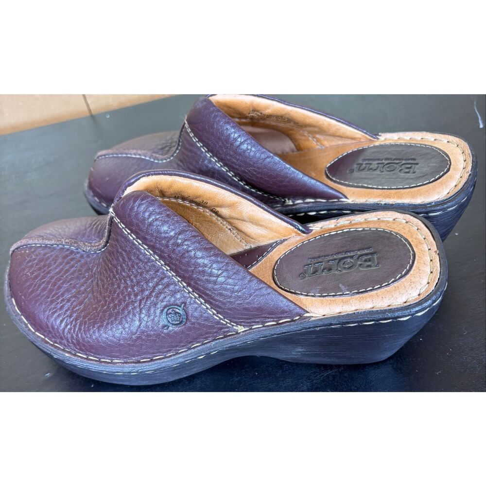 BOC Born Brown Leather Mules Clogs Slides Slip On Block Heel Shoes Womens Size 7